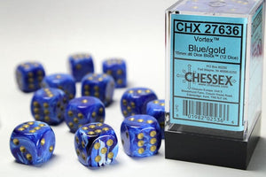 Chessex Vortex 16mm d6 Blue/gold Dice Block (12 dice) 16mm Dice Chessex