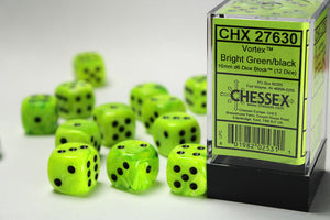 Chessex Vortex 16mm d6 Bright Green/black Dice Block (12 dice) Vortex Chessex