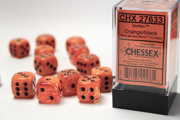 Chessex Vortex 16mm d6 Orange/black Dice Block (12 dice) 16mm Dice Chessex