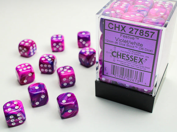 Festive 12mm d6 Violet/white Dice Block (36 dice) 12mm Dice Chessex 