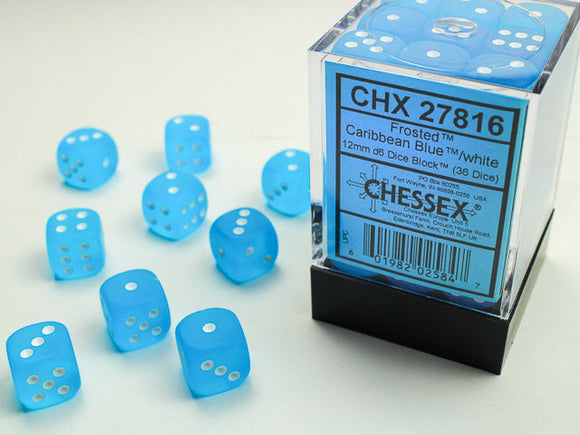 Frosted 12mm d6 Caribbean Blue/white Dice Block (36 dice) 12mm Dice Chessex 