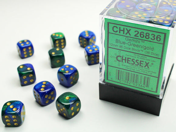 Gemini 12mm d6 Blue-Green/gold Dice Block (36 dice) 12mm Dice Chessex