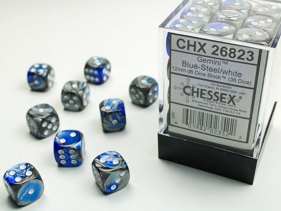Gemini 12mm d6 Blue-Steel/white Dice Block (36 dice) 12mm Dice Chessex 