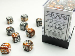 Gemini 12mm d6 Copper-Steel/white Dice Block (36 dice) 12mm Dice Chessex