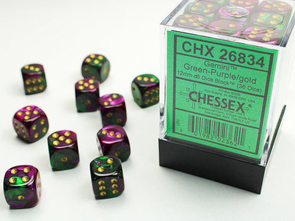Gemini 12mm d6 Green-Purple/gold Dice Block (36 dice) 12mm Dice Chessex 