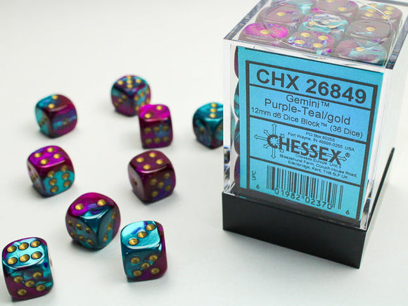Gemini 12mm d6 Purple-Teal/gold Dice Block (36 dice) 12mm Dice Chessex 