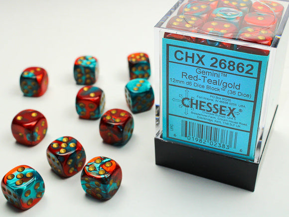 Gemini 12mm d6 Red-Teal/gold Dice Block (36 dice) 12mm Dice Chessex