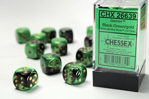 Gemini 16mm d6 Black-Green/gold Dice Block (12 dice) 16mm Dice Chessex 