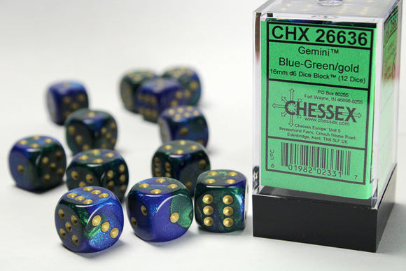 Gemini 16mm d6 Blue-Green/gold Dice Block (12 dice) 16mm Dice Chessex 