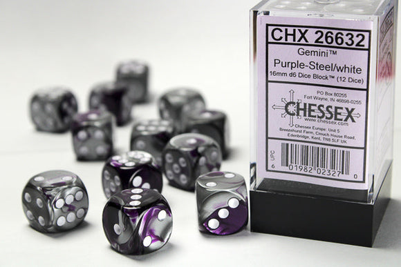 Gemini 16mm d6 Purple-Steel/white Dice Block (12 dice) 16mm Dice Chessex 