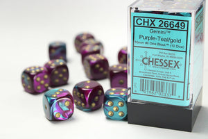 Gemini 16mm d6 Purple-Teal/gold Dice Block (12 dice) 16mm Dice Chessex 
