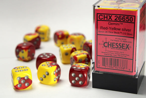 Gemini 16mm d6 Red-Yellow/silver Dice Block (12 dice) 16mm Dice Chessex 