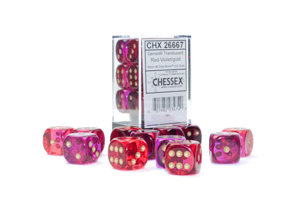 Gemini 16mm d6 Translucent Red-Violet/gold Dice Block (12 dice) 16mm Dice Chessex 