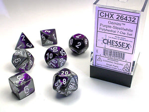 Gemini Polyhedral Purple-Steel/white 7-Die Set 7-Die Set Chessex 