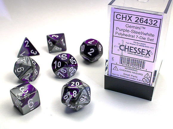 Gemini Polyhedral Purple-Steel/white 7-Die Set 7-Die Set Chessex 