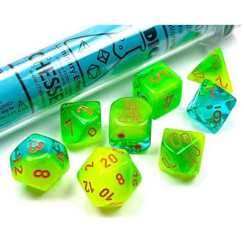 Lab Dice Gemini Plasma Green-Teal/Orange Set Lab Dice Sets - Series 5 Chessex