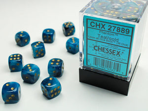 Phantom 12mm d6 Teal/gold Dice Block (36 dice) 12mm Dice Chessex