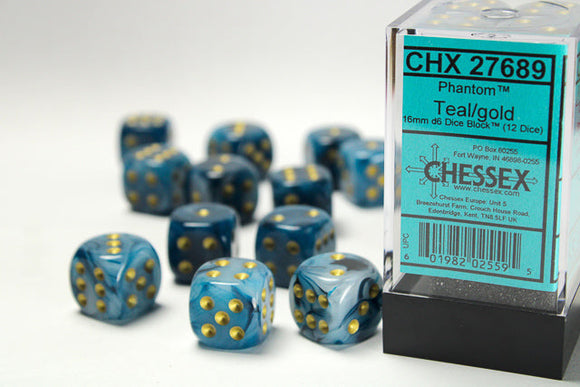 Phantom 16mm d6 Teal/gold Dice Block (12 dice) 16mm Dice Chessex