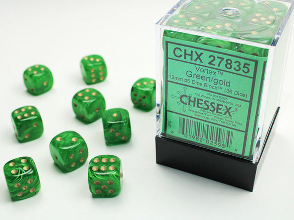 Vortex 12mm d6 Green/gold Dice Block (36 dice) 12mm Dice Chessex